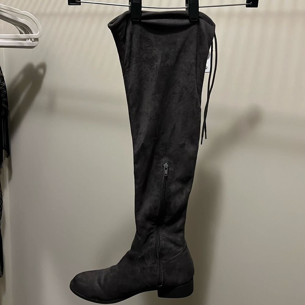 Over the knee, tie top grey boots